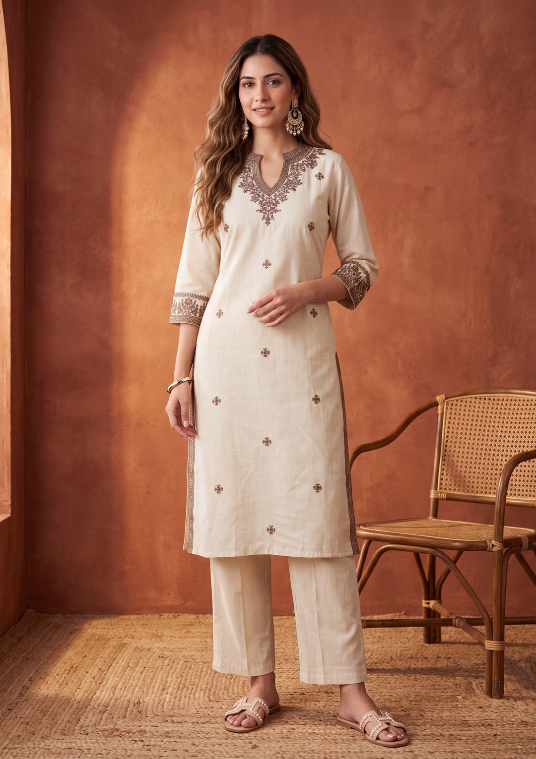 Beige Threadwork Chanderi Readymade Salwar Suit