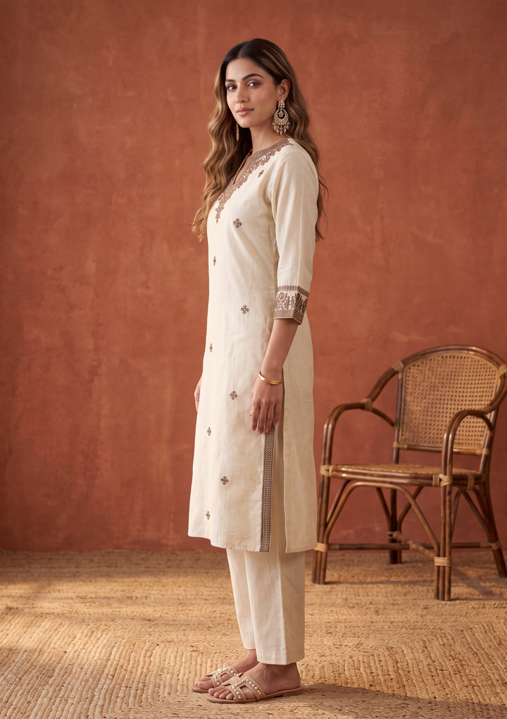 Beige Threadwork Chanderi Readymade Salwar Suit