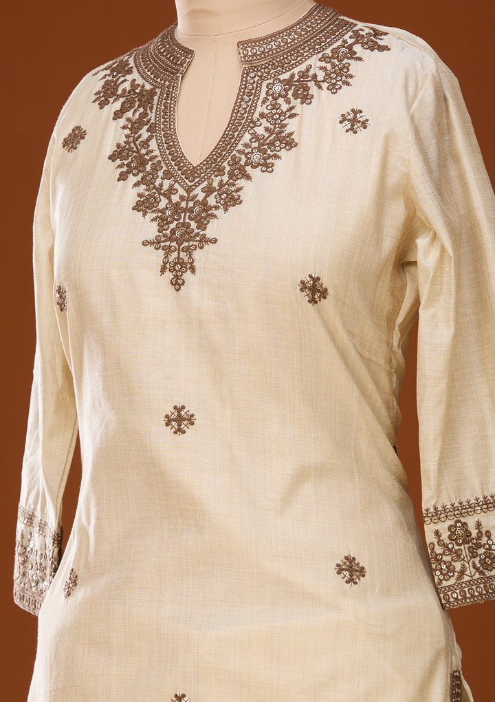 Beige Threadwork Chanderi Readymade Salwar Suit