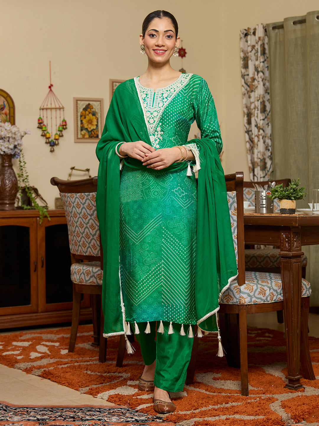 Leaf Green Threadwork Crepe Readymade Salwar Suit