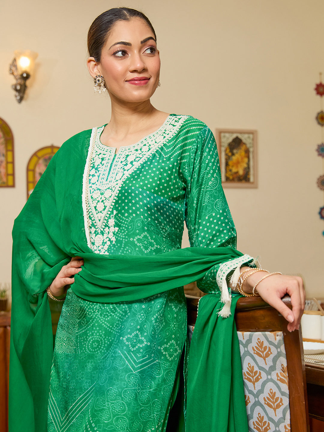 Leaf Green Threadwork Crepe Readymade Salwar Suit