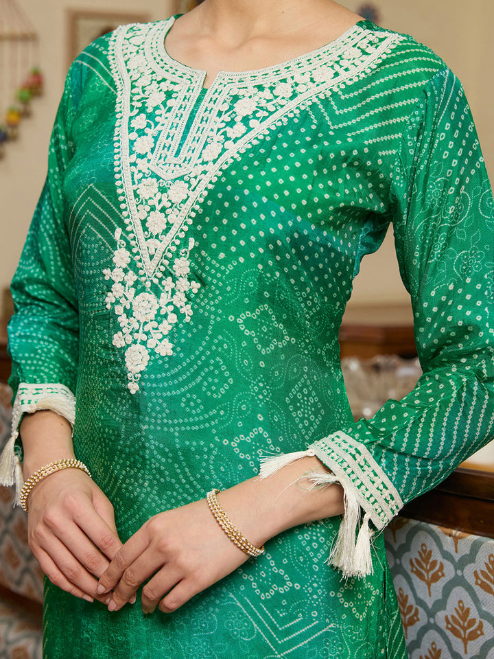 Leaf Green Threadwork Crepe Readymade Salwar Suit