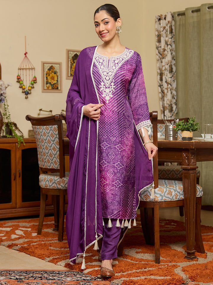 Purple Threadwork Crepe Readymade Salwar Suit