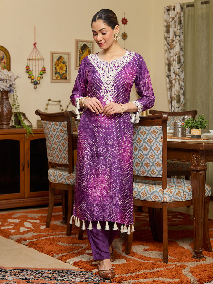 Purple Threadwork Crepe Readymade Salwar Suit