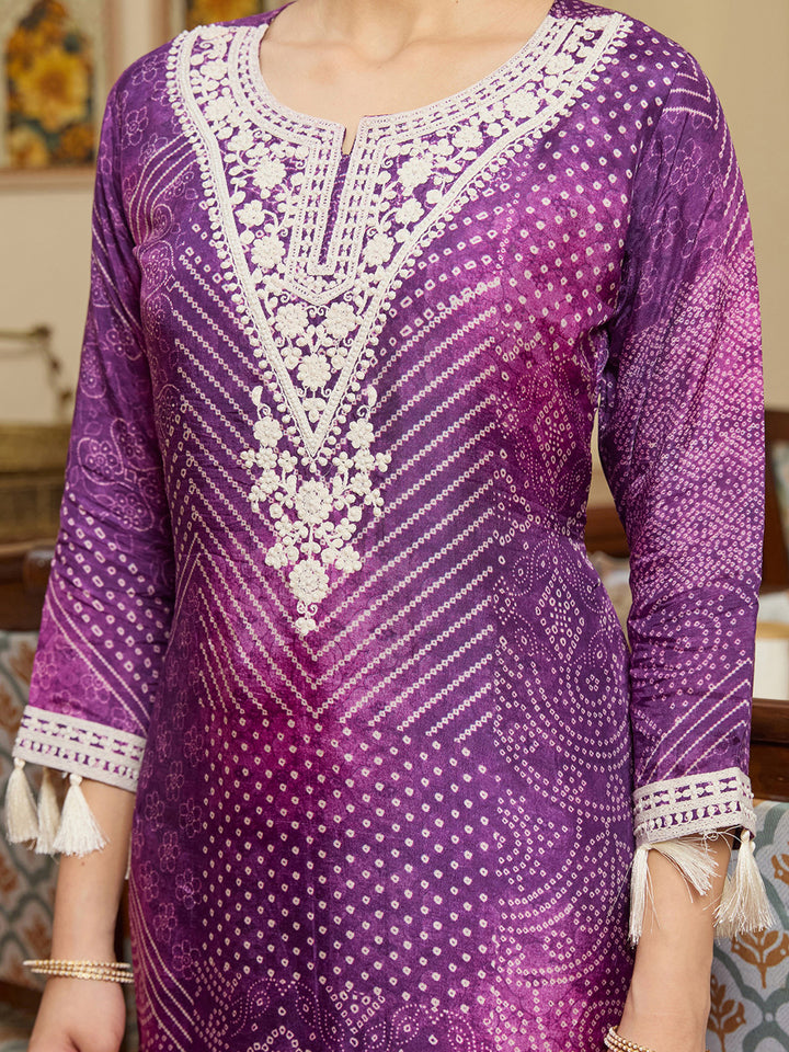 Purple Threadwork Crepe Readymade Salwar Suit