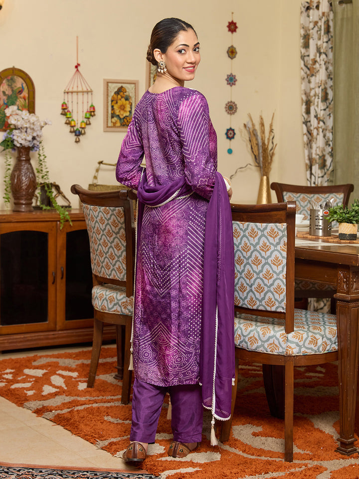 Purple Threadwork Crepe Readymade Salwar Suit