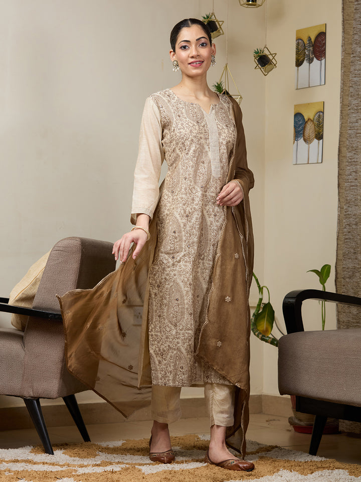 Beige Brown Chanderi Threadwork Straight Kurta With Regular Pant And Dupatta