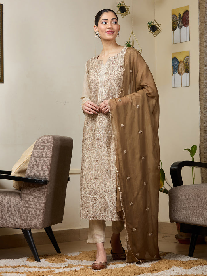 Beige Brown Chanderi Threadwork Straight Kurta With Regular Pant And Dupatta