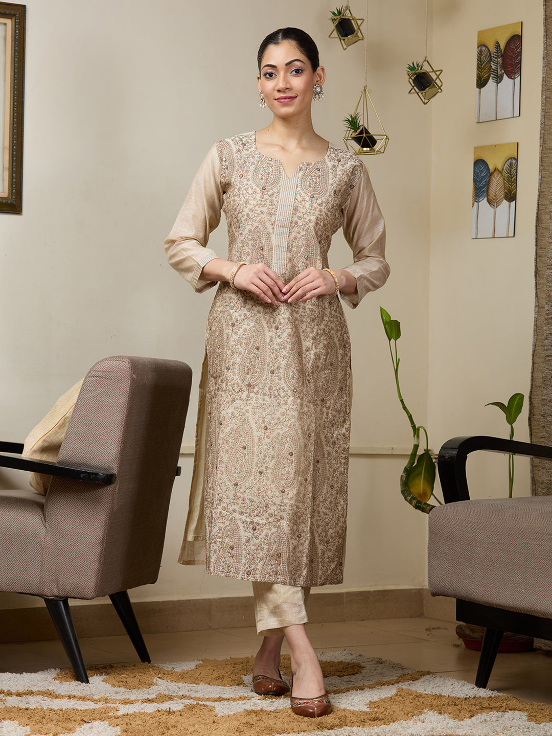 Beige Brown Chanderi Threadwork Straight Kurta With Regular Pant And Dupatta