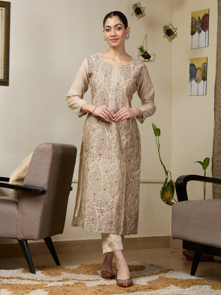 Beige Brown Chanderi Threadwork Straight Kurta With Regular Pant And Dupatta