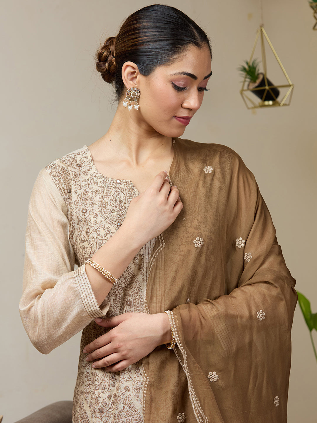Beige Brown Chanderi Threadwork Straight Kurta With Regular Pant And Dupatta