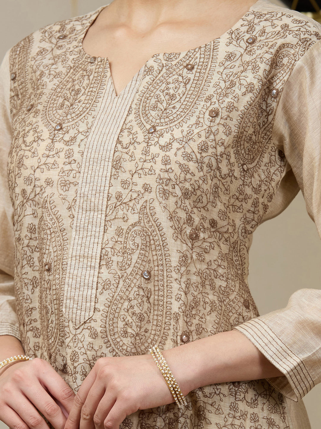 Beige Brown Chanderi Threadwork Straight Kurta With Regular Pant And Dupatta