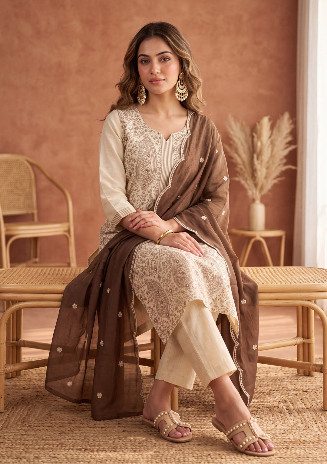 Beige Threadwork Chanderi Readymade Salwar Suit