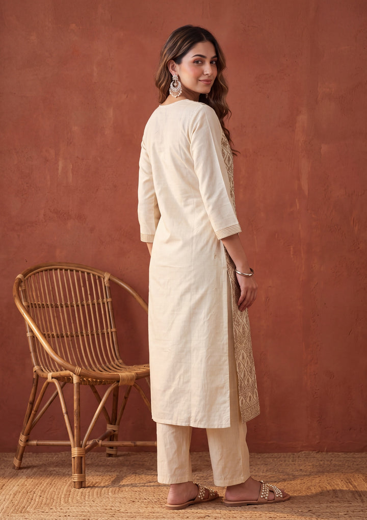 Beige Threadwork Chanderi Readymade Salwar Suit