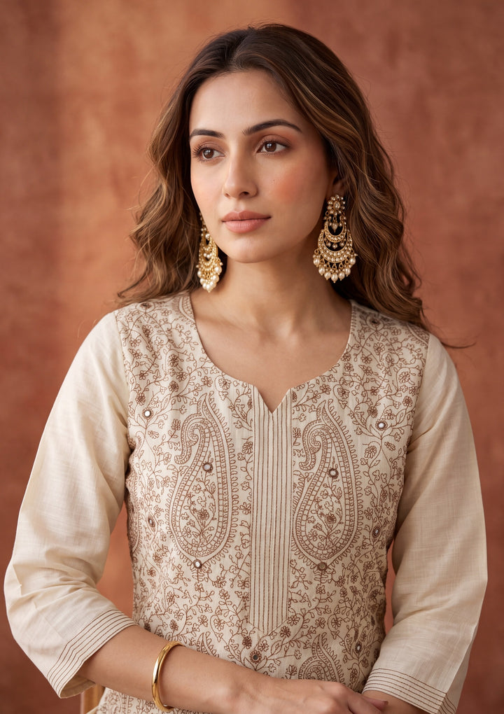 Beige Threadwork Chanderi Readymade Salwar Suit
