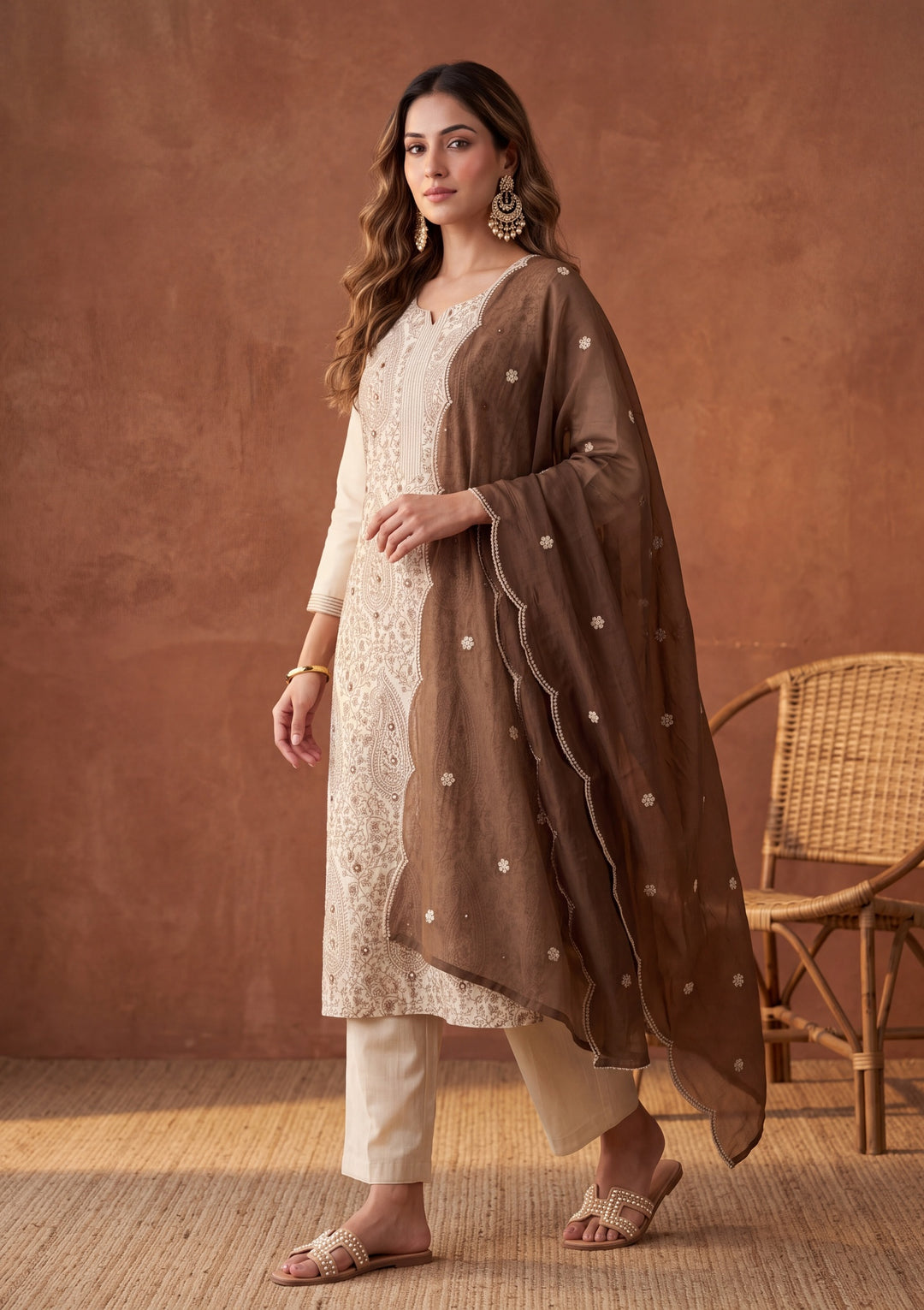 Beige Threadwork Chanderi Readymade Salwar Suit
