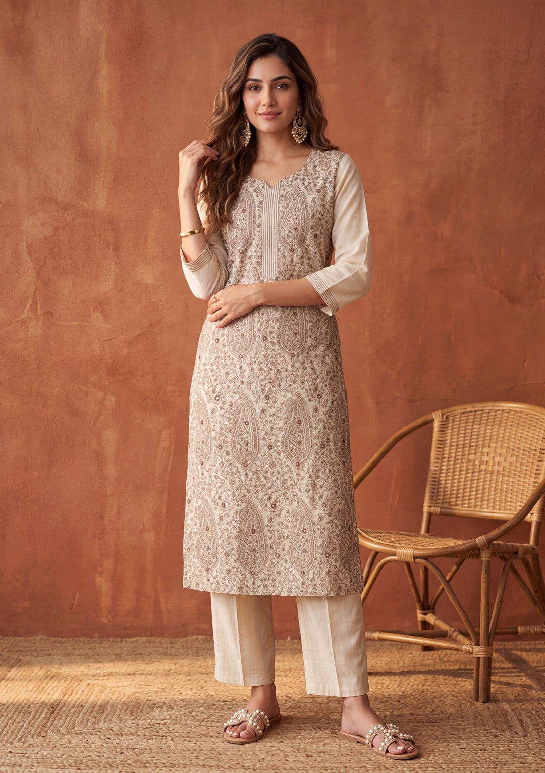 Beige Threadwork Chanderi Readymade Salwar Suit