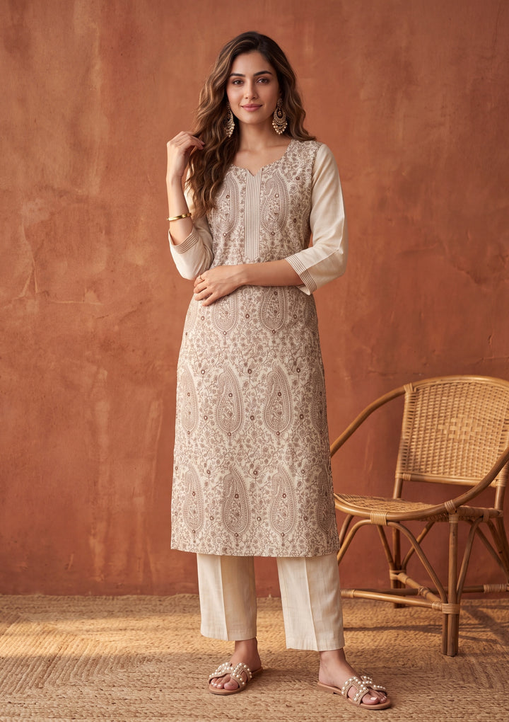 Beige Threadwork Chanderi Readymade Salwar Suit