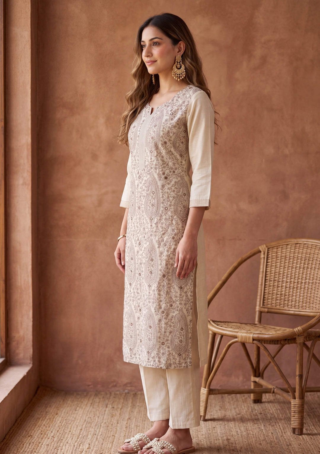 Beige Threadwork Chanderi Readymade Salwar Suit