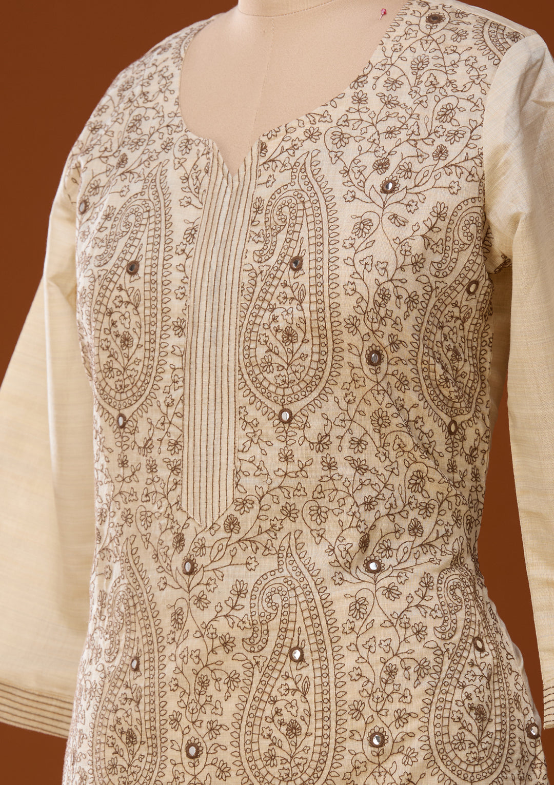 Beige Threadwork Chanderi Readymade Salwar Suit