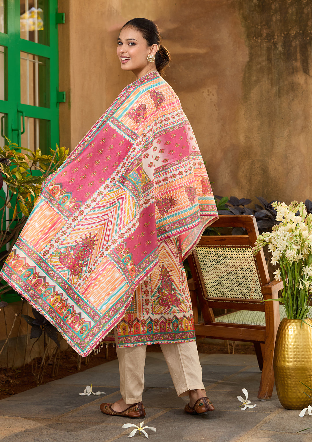 Beige Multi Crepe Abstract Geometric Printed Straight Kurta With Regular Pant And Dupatta