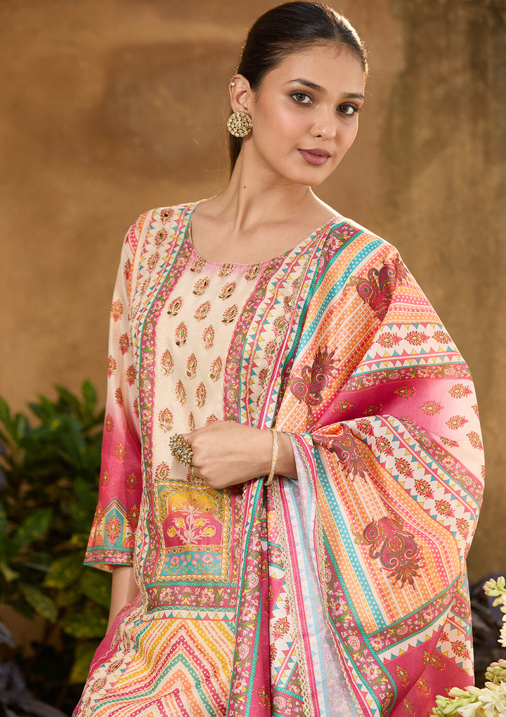 Beige Multi Crepe Abstract Geometric Printed Straight Kurta With Regular Pant And Dupatta
