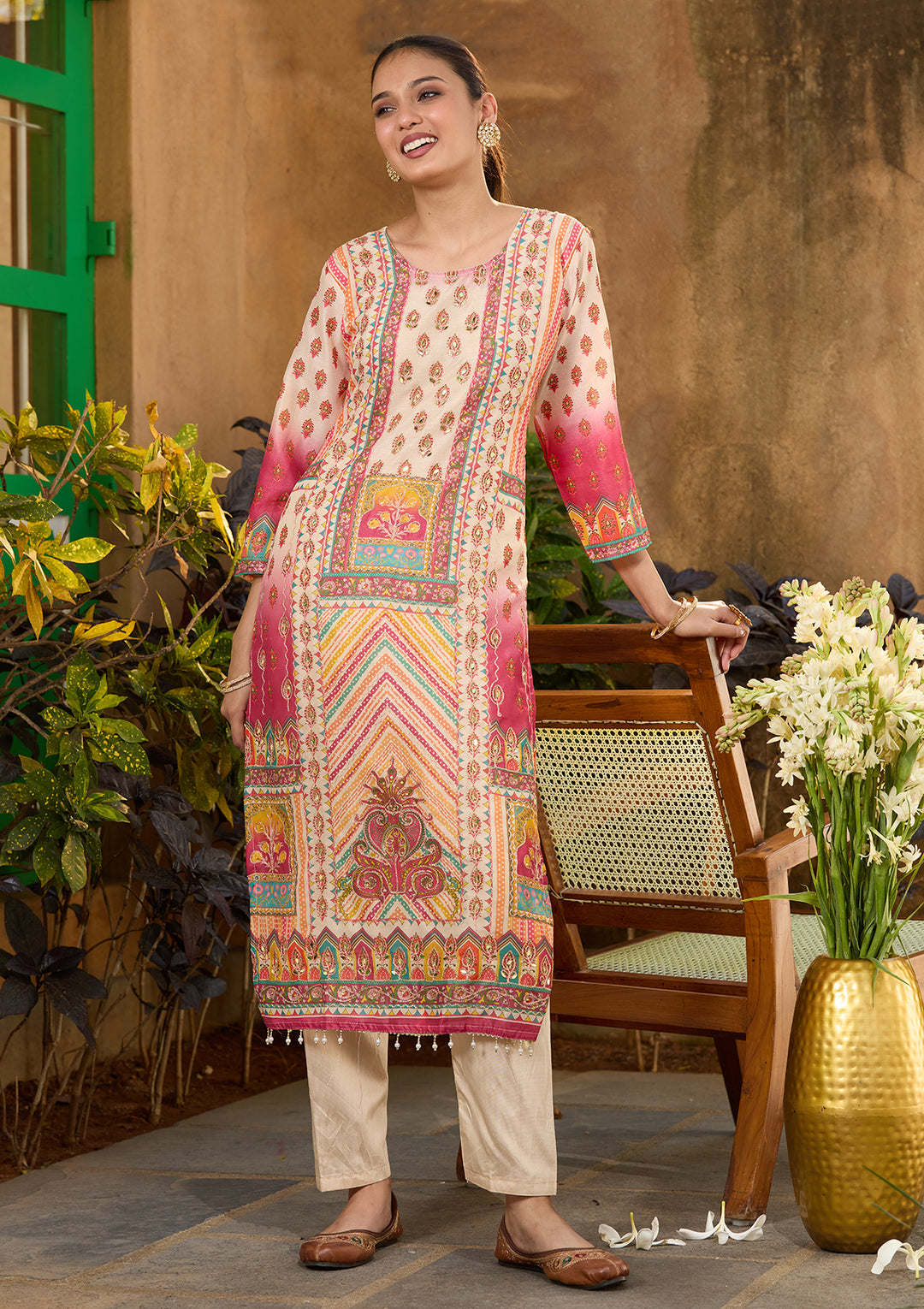 Beige Multi Crepe Abstract Geometric Printed Straight Kurta With Regular Pant And Dupatta