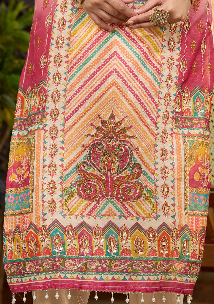 Beige Multi Crepe Abstract Geometric Printed Straight Kurta With Regular Pant And Dupatta