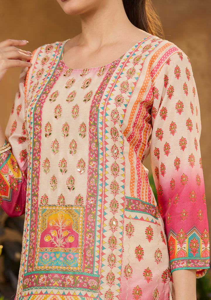 Beige Multi Crepe Abstract Geometric Printed Straight Kurta With Regular Pant And Dupatta