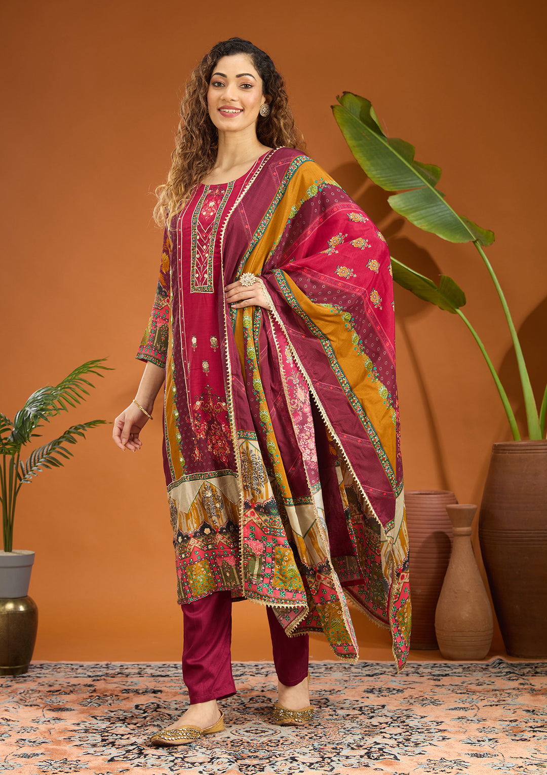 Wine Multi Crepe Abstract Geometric Printed Straight Kurta With Pant Regular And Dupatta