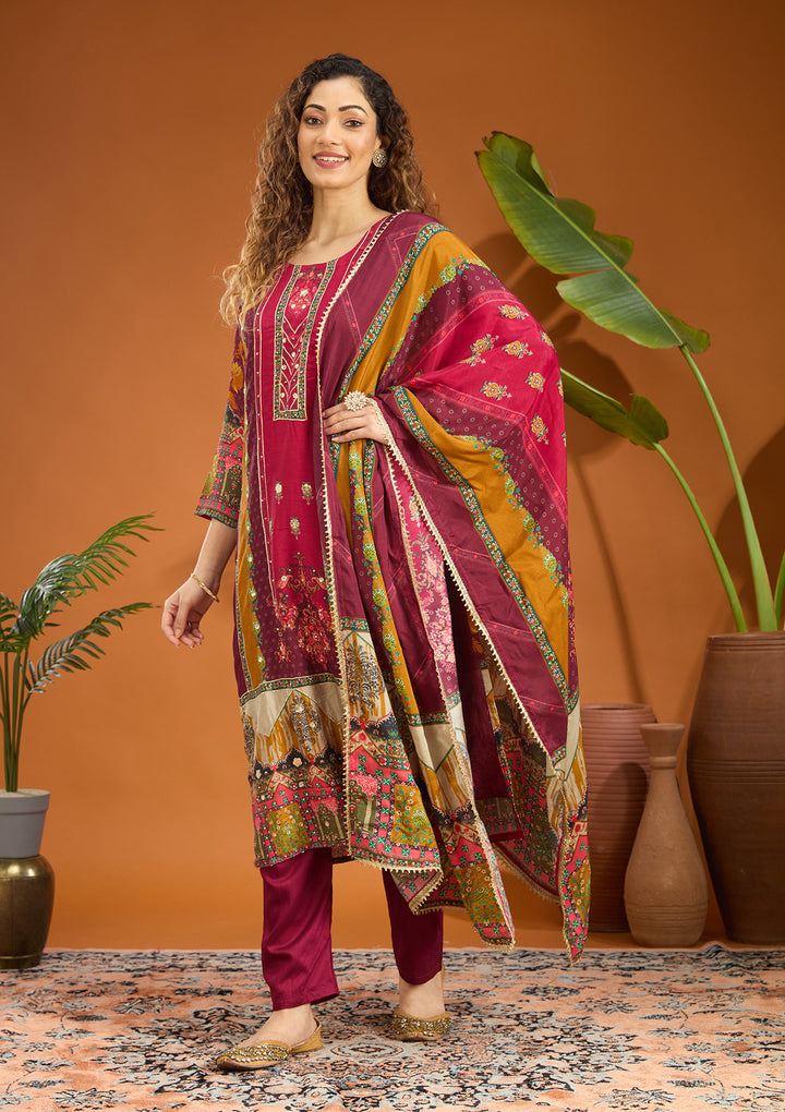 Wine Multi Crepe Abstract Geometric Printed Straight Kurta With Pant Regular And Dupatta