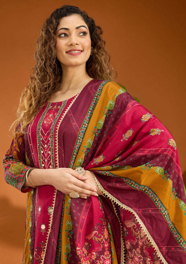Wine Multi Crepe Abstract Geometric Printed Straight Kurta With Pant Regular And Dupatta