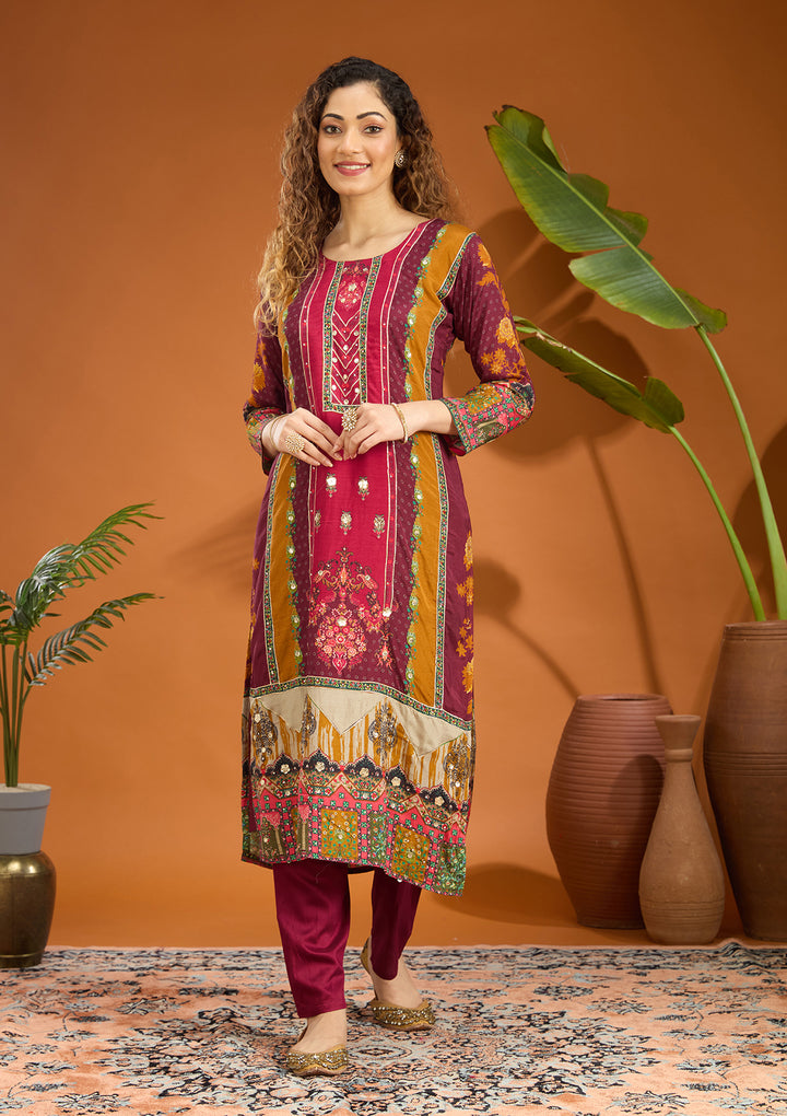Wine Multi Crepe Abstract Geometric Printed Straight Kurta With Pant Regular And Dupatta