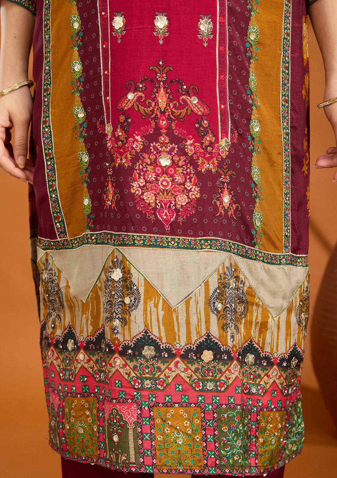 Wine Multi Crepe Abstract Geometric Printed Straight Kurta With Pant Regular And Dupatta