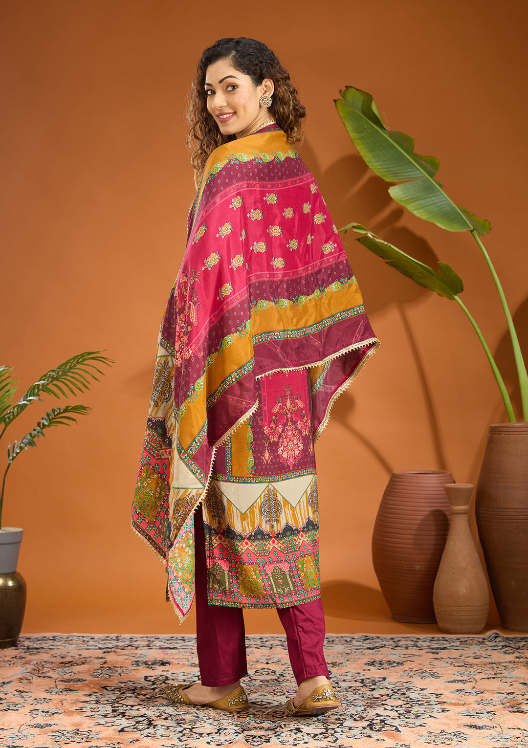 Wine Multi Crepe Abstract Geometric Printed Straight Kurta With Pant Regular And Dupatta