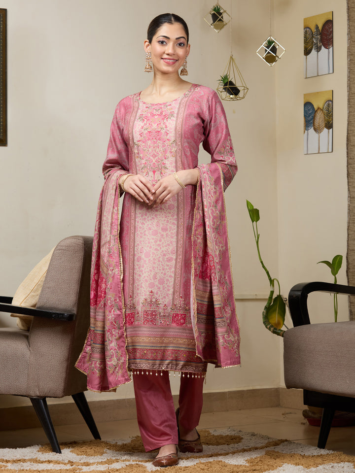 Onion Pink Crepe Floral Printed Straight Kurta With Pant Regular And Dupatta