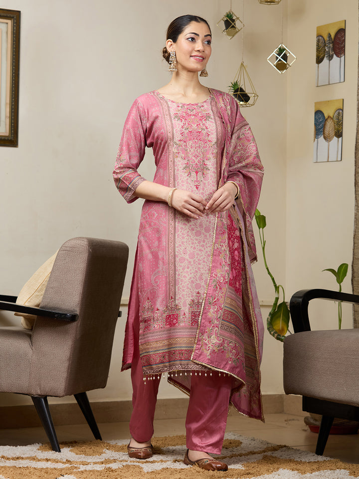 Onion Pink Crepe Floral Printed Straight Kurta With Pant Regular And Dupatta