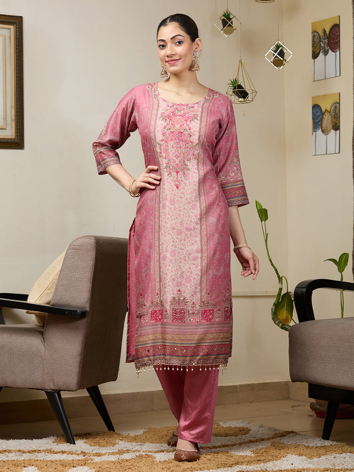 Onion Pink Crepe Floral Printed Straight Kurta With Pant Regular And Dupatta