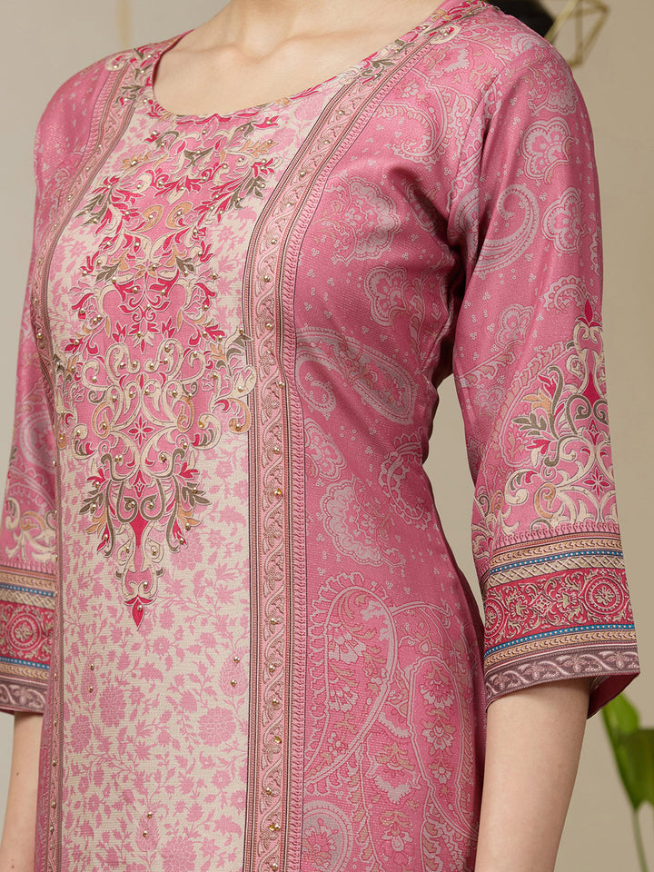 Onion Pink Crepe Floral Printed Straight Kurta With Pant Regular And Dupatta