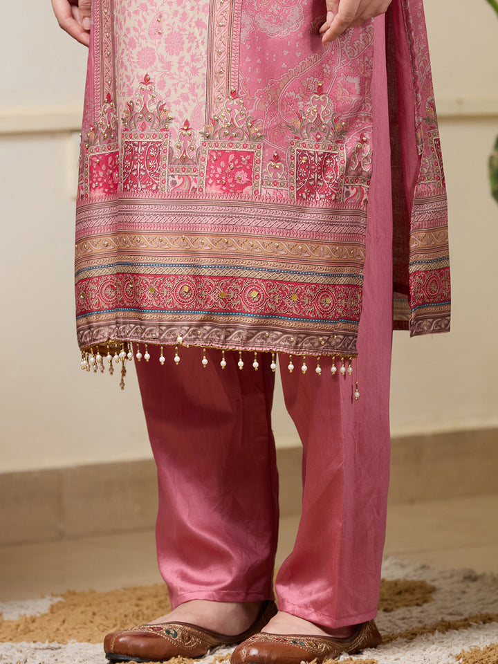 Onion Pink Crepe Floral Printed Straight Kurta With Pant Regular And Dupatta