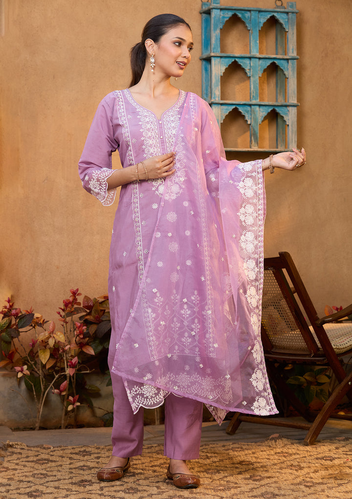 Mauve Chanderi Threadwork Straight Kurta With Regular Pant And Dupatta