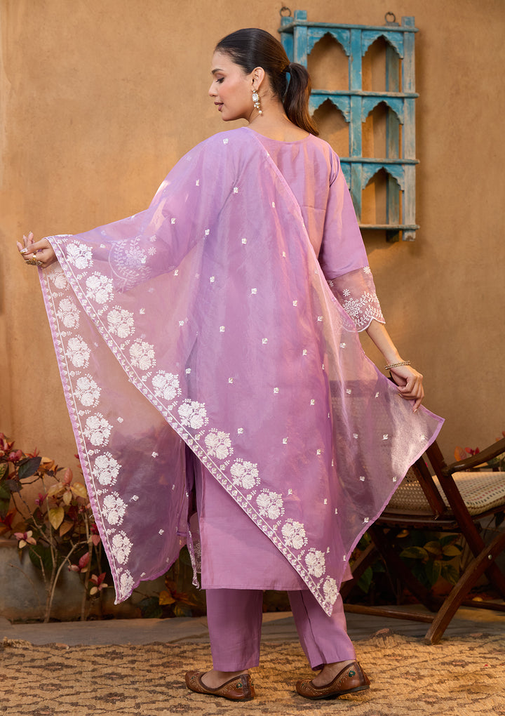 Mauve Chanderi Threadwork Straight Kurta With Regular Pant And Dupatta