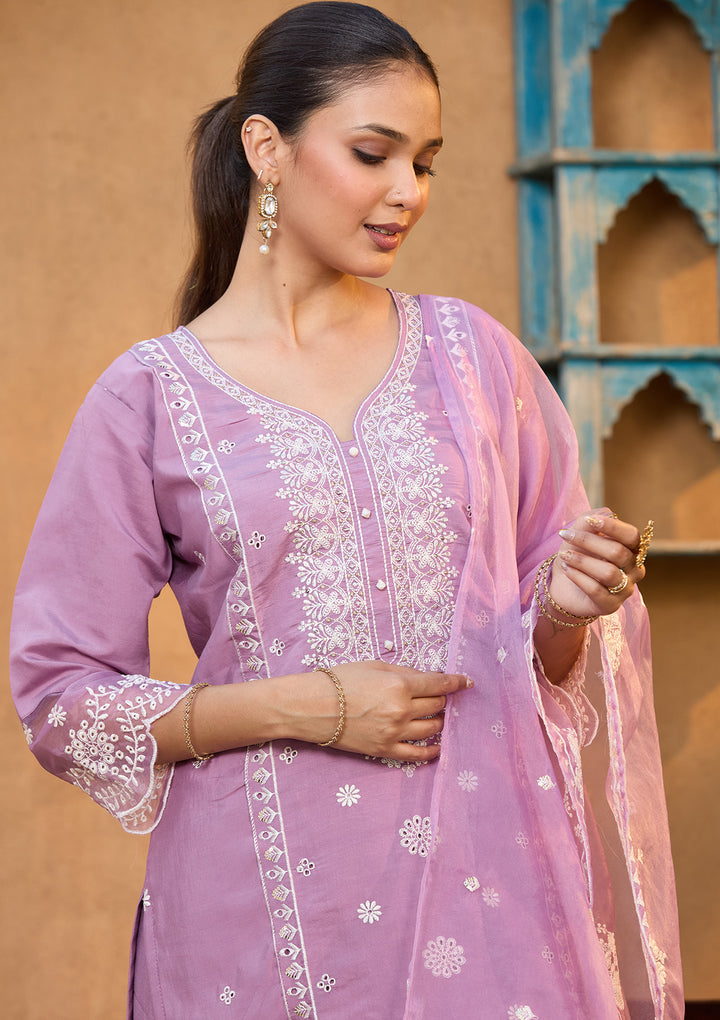 Mauve Chanderi Threadwork Straight Kurta With Regular Pant And Dupatta