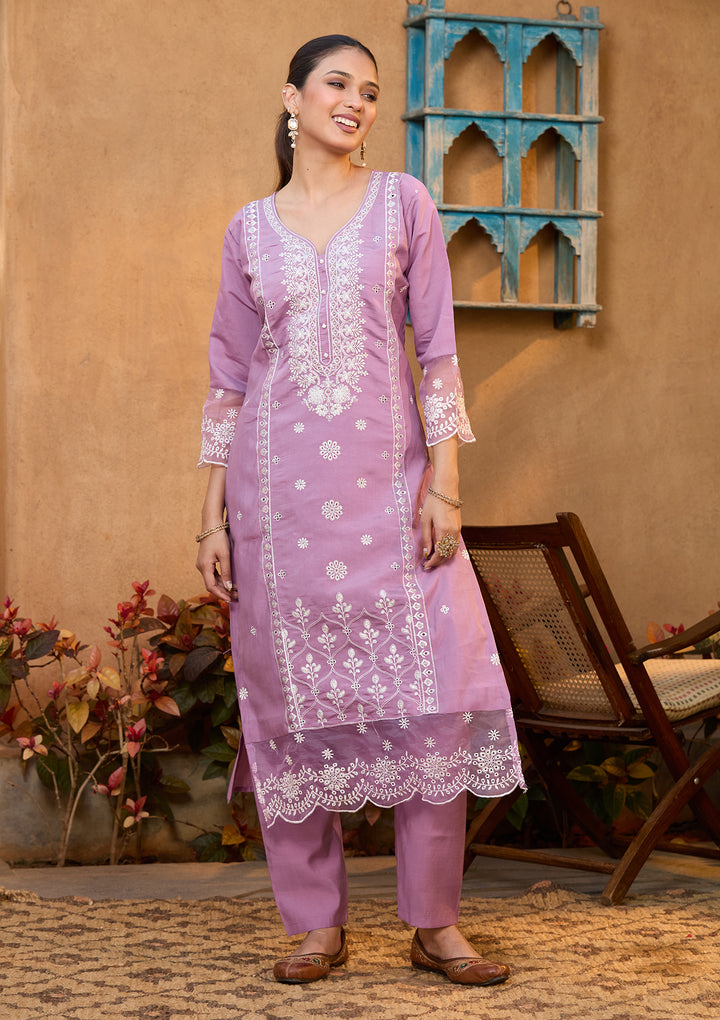 Mauve Chanderi Threadwork Straight Kurta With Regular Pant And Dupatta
