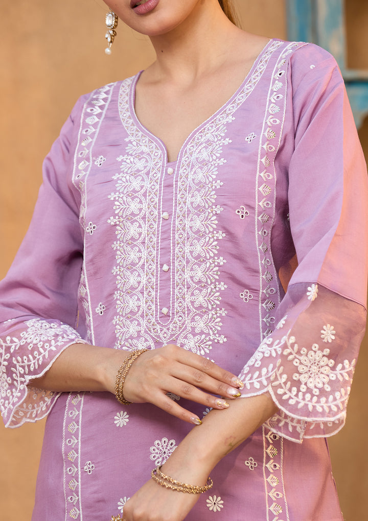 Mauve Chanderi Threadwork Straight Kurta With Regular Pant And Dupatta