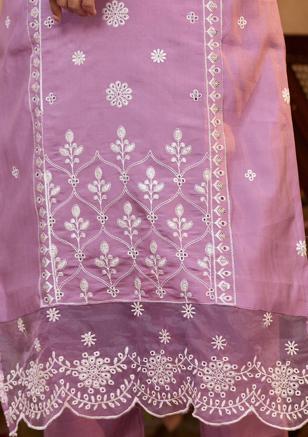 Mauve Chanderi Threadwork Straight Kurta With Regular Pant And Dupatta
