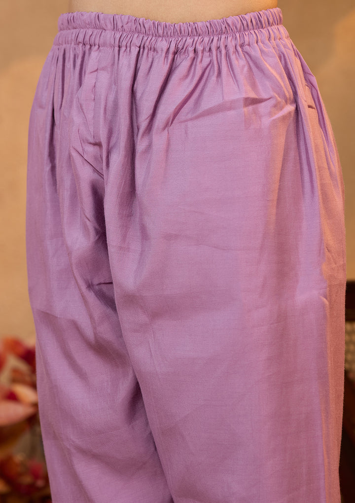 Mauve Chanderi Threadwork Straight Kurta With Regular Pant And Dupatta
