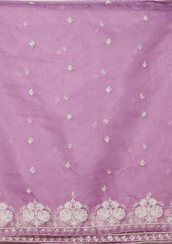 Mauve Chanderi Threadwork Straight Kurta With Regular Pant And Dupatta