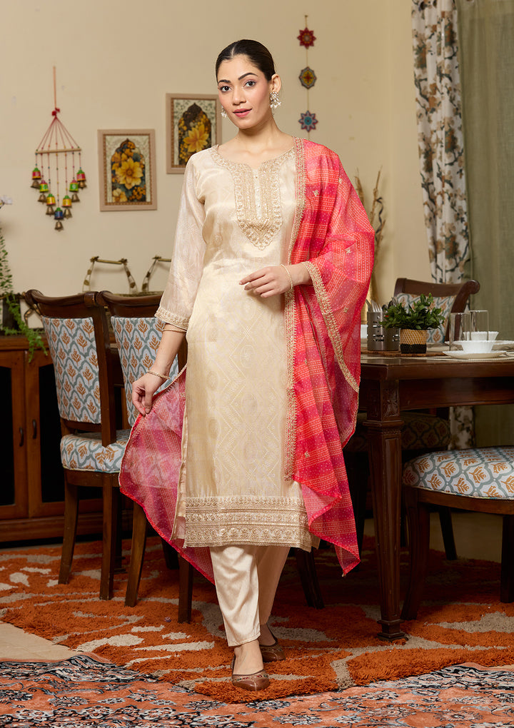 Beige Brocade Threadwork Straight Kurta With Pant Regular And Dupatta