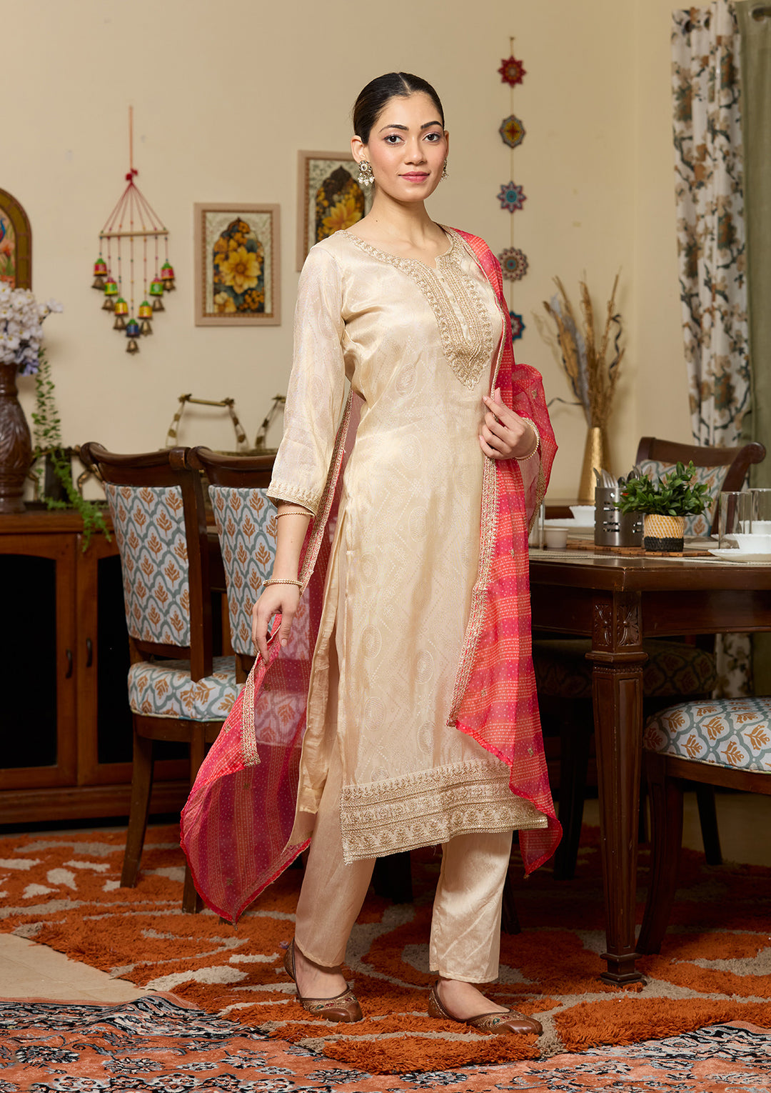 Beige Brocade Threadwork Straight Kurta With Pant Regular And Dupatta